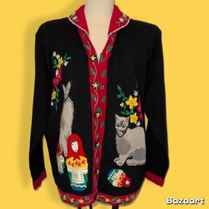 Storybook Knits Sweater Womens Large L Russian Blue Cats Nesting Dolls Vtg HSN